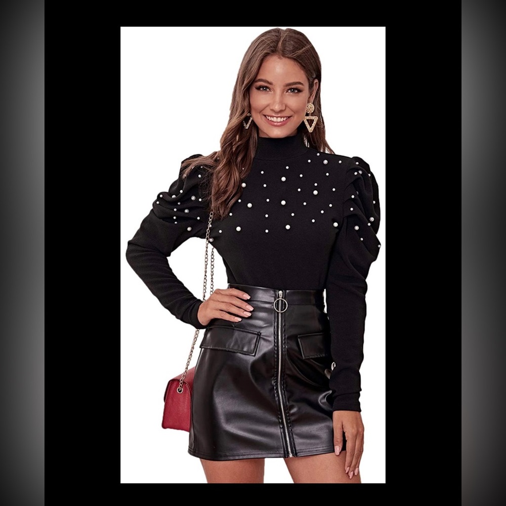 Women's Puff Long Sleeve Stand Collar Keyhole Back Slim Fitted Elegant Blouse